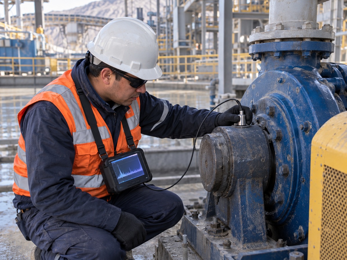 Técnico midiendo vibraciones con acelerómetro sobre una bomba